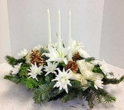 white flower and greens centerpiece