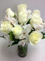 all white roses and alstro