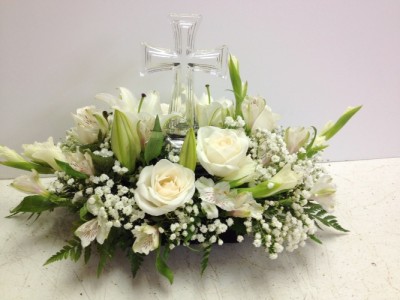White With Cross Funeral Arrangement