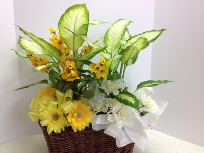 planter with silk flowers